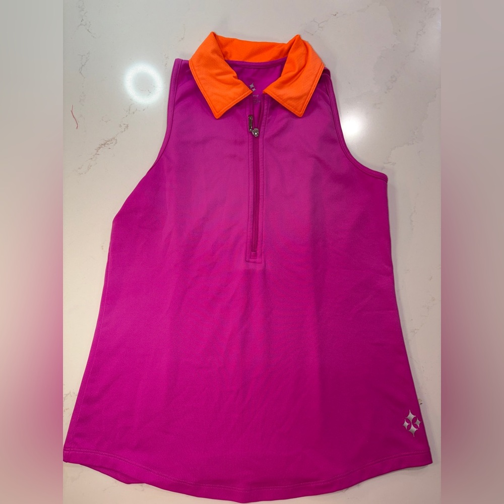 Jofit Pink & Orange sleeveless polo shirt for golf, pickleball or tennis